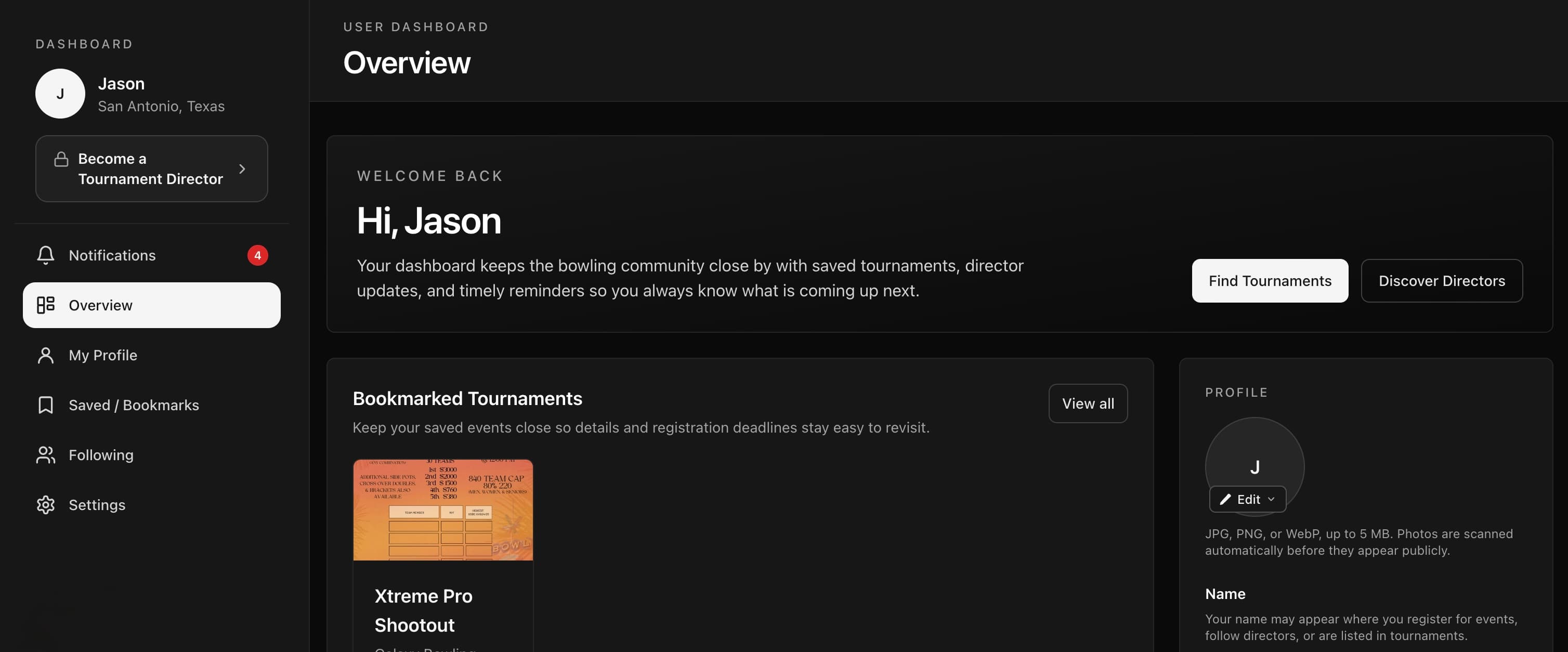 Bowler dashboard showing bookmarks, directors you follow, and notification settings