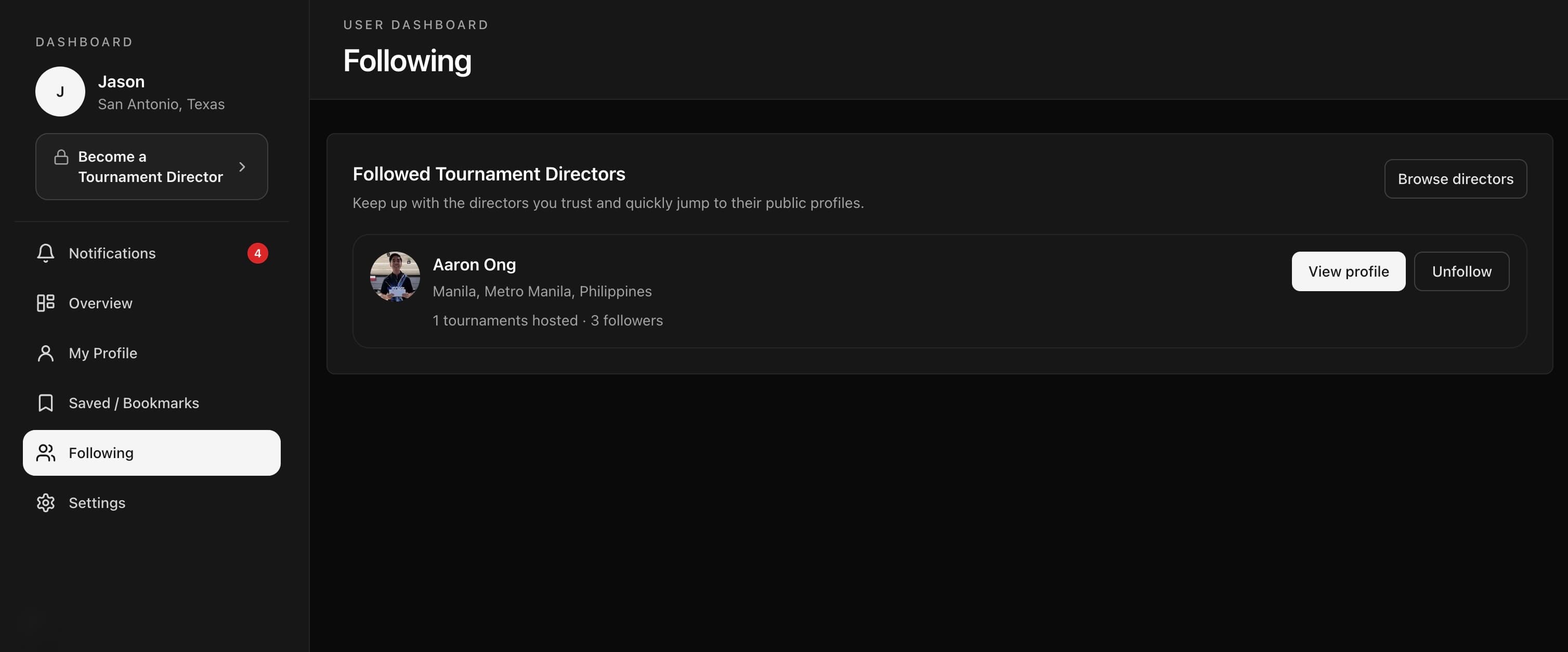 Following tournament directors from your dashboard