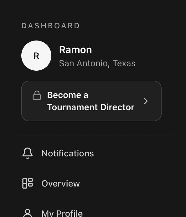 Dashboard sidebar showing Become a Tournament Director