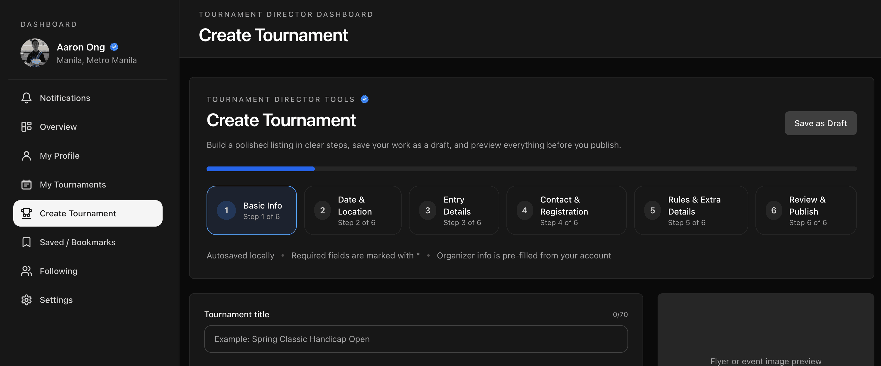 Director dashboard with Create Tournament and My Tournaments in the sidebar