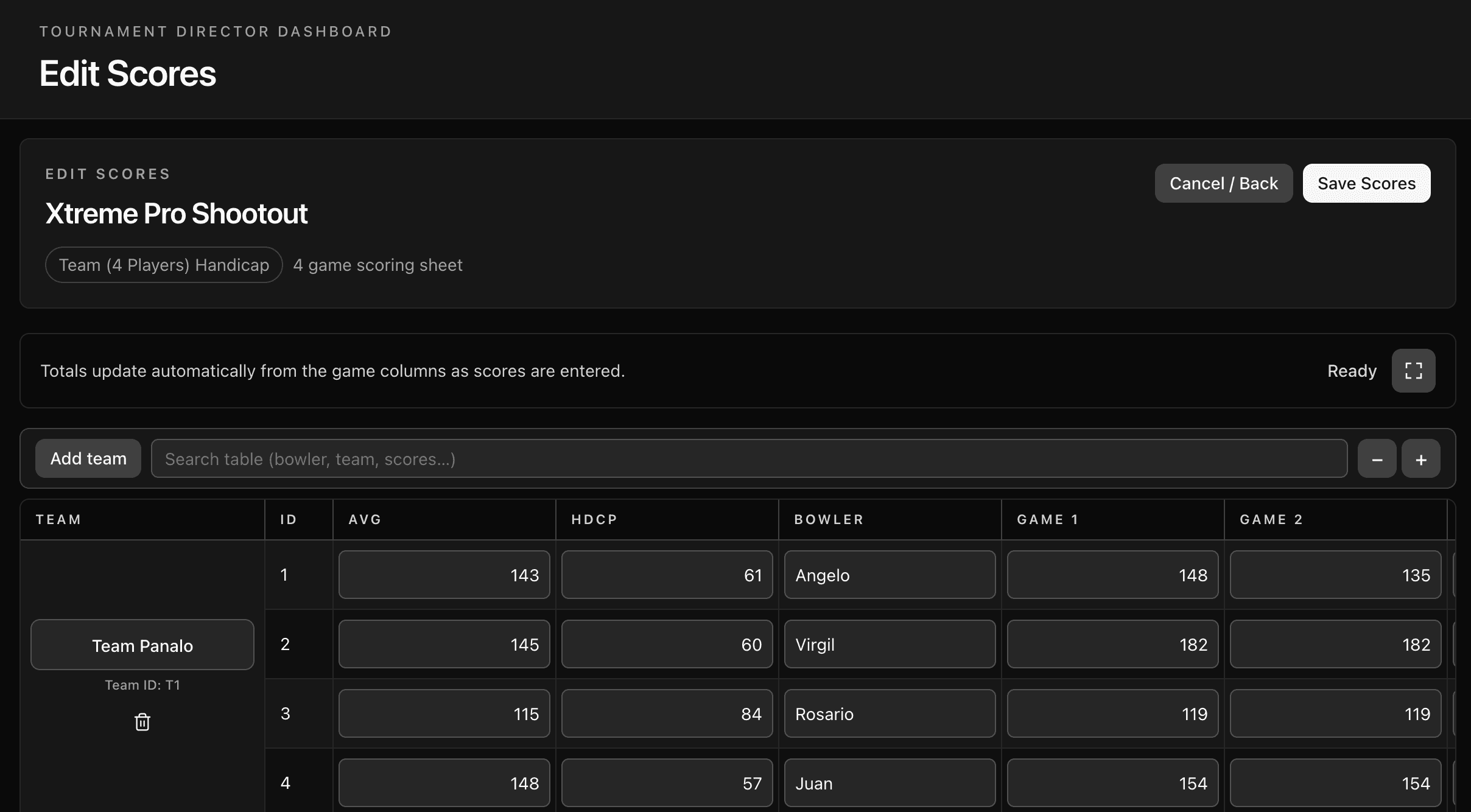 Edit Scores screen with team and bowler scoring table