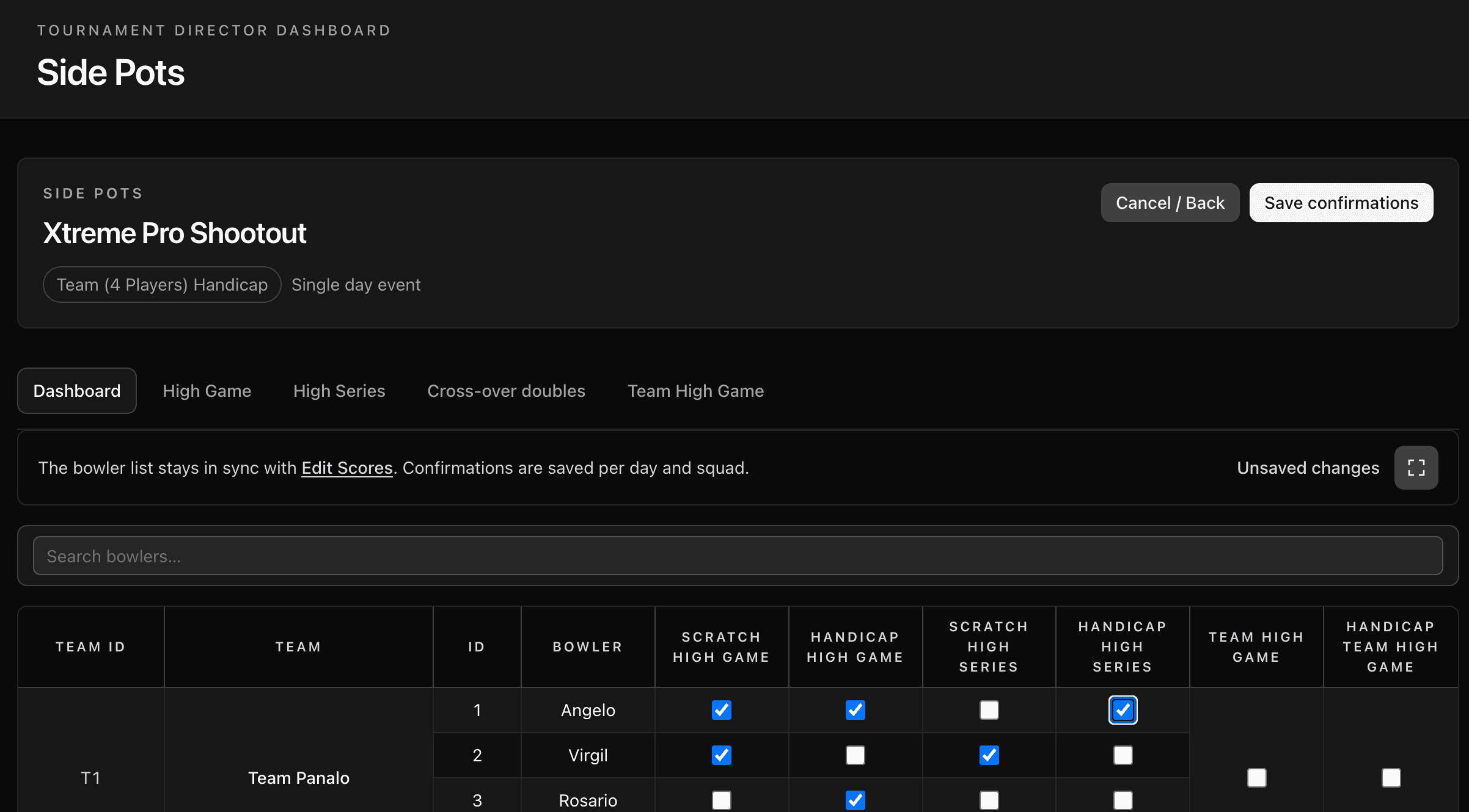 Side Pots management with bowler confirmations and category checkboxes
